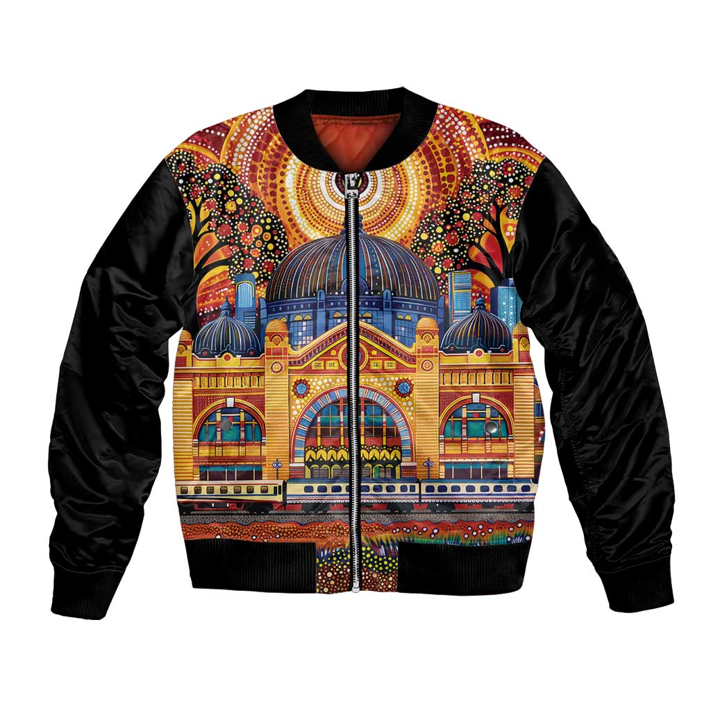 Australian Flinders Street Railway Station Bomber Jacket Aboriginal Dot Painting