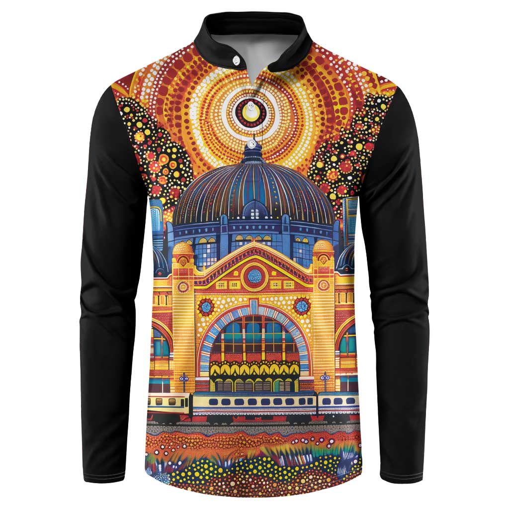 Australian Flinders Street Railway Station Button Sweatshirt Aboriginal Dot Painting