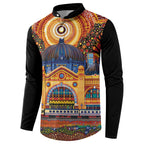 Australian Flinders Street Railway Station Button Sweatshirt Aboriginal Dot Painting