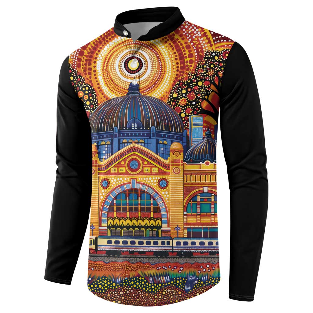 Australian Flinders Street Railway Station Button Sweatshirt Aboriginal Dot Painting