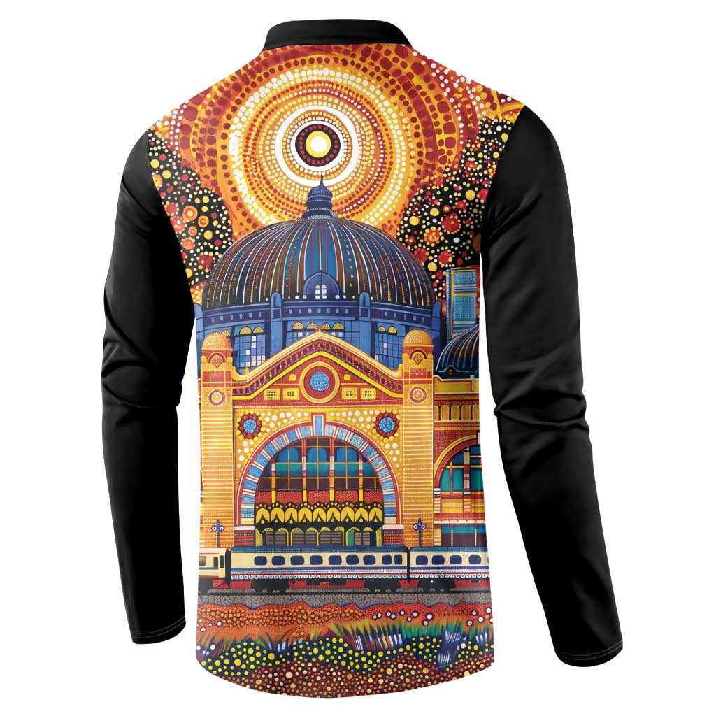 Australian Flinders Street Railway Station Button Sweatshirt Aboriginal Dot Painting