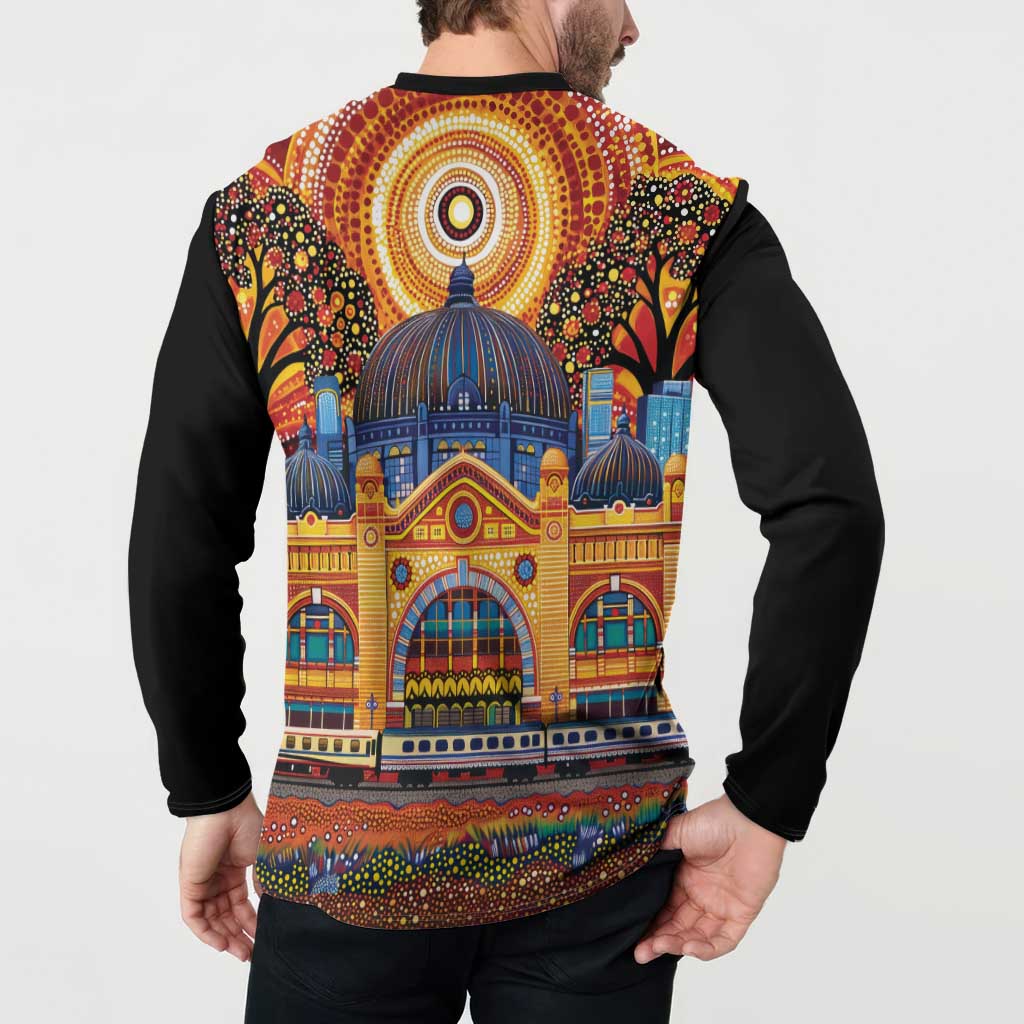 Australian Flinders Street Railway Station Button Sweatshirt Aboriginal Dot Painting