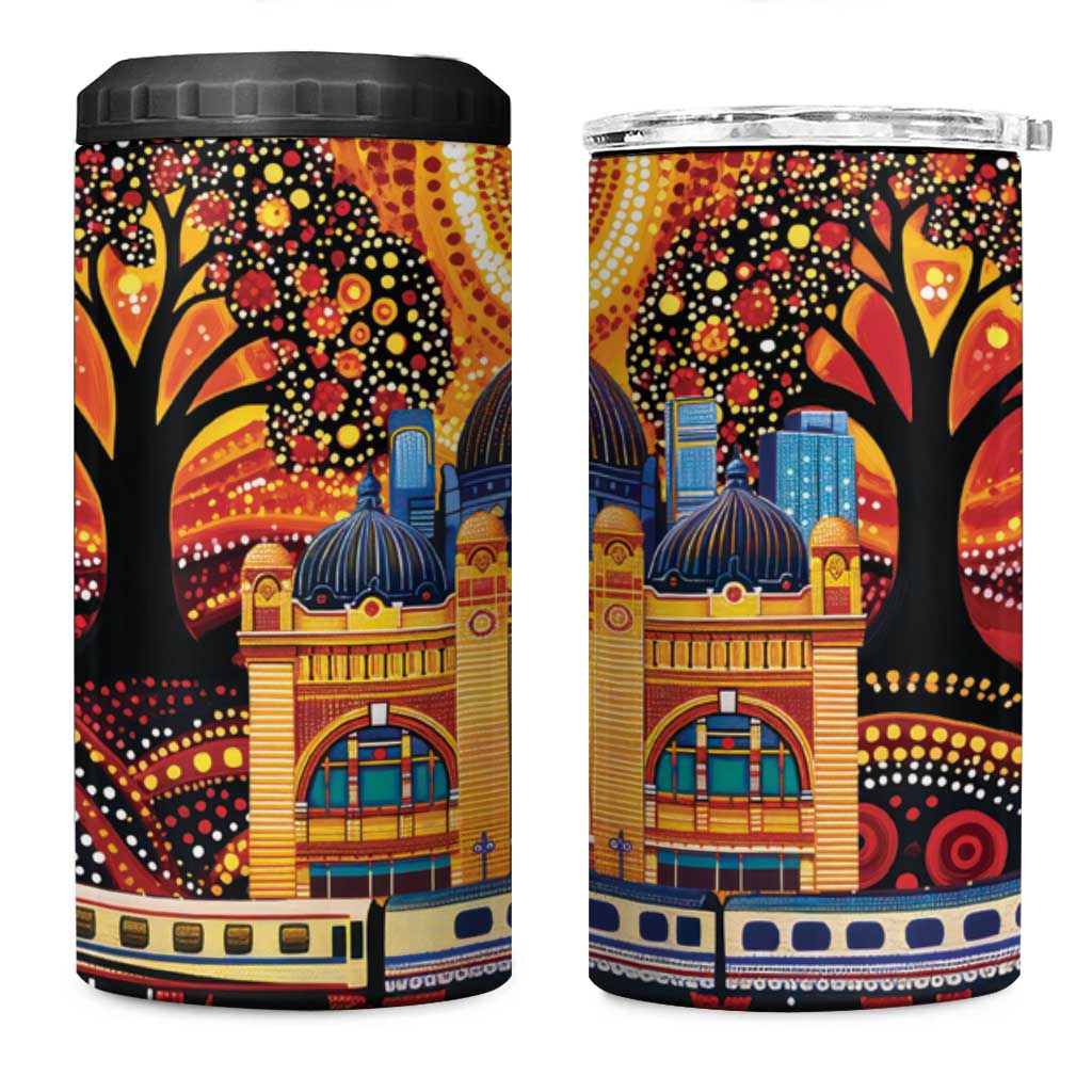 Australian Flinders Street Railway Station 4 in 1 Can Cooler Tumbler Aboriginal Dot Painting