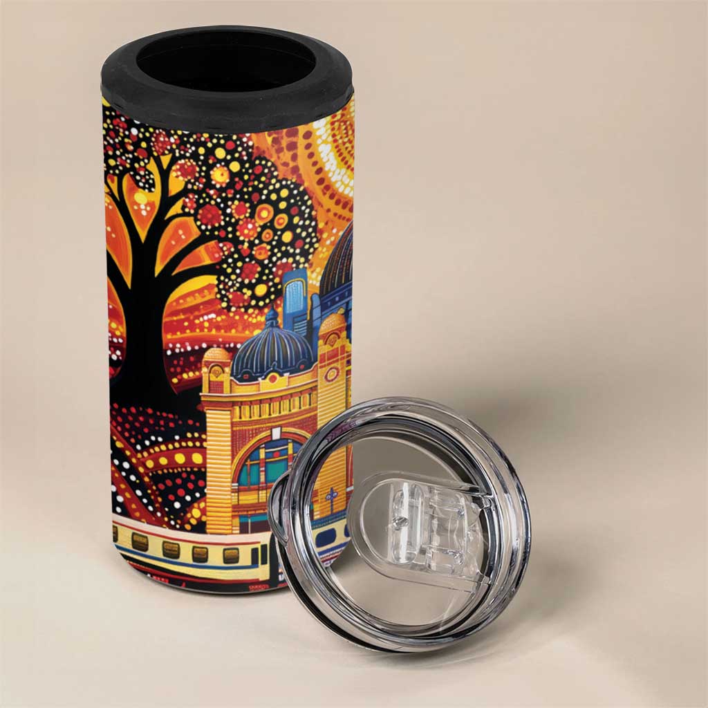 Australian Flinders Street Railway Station 4 in 1 Can Cooler Tumbler Aboriginal Dot Painting