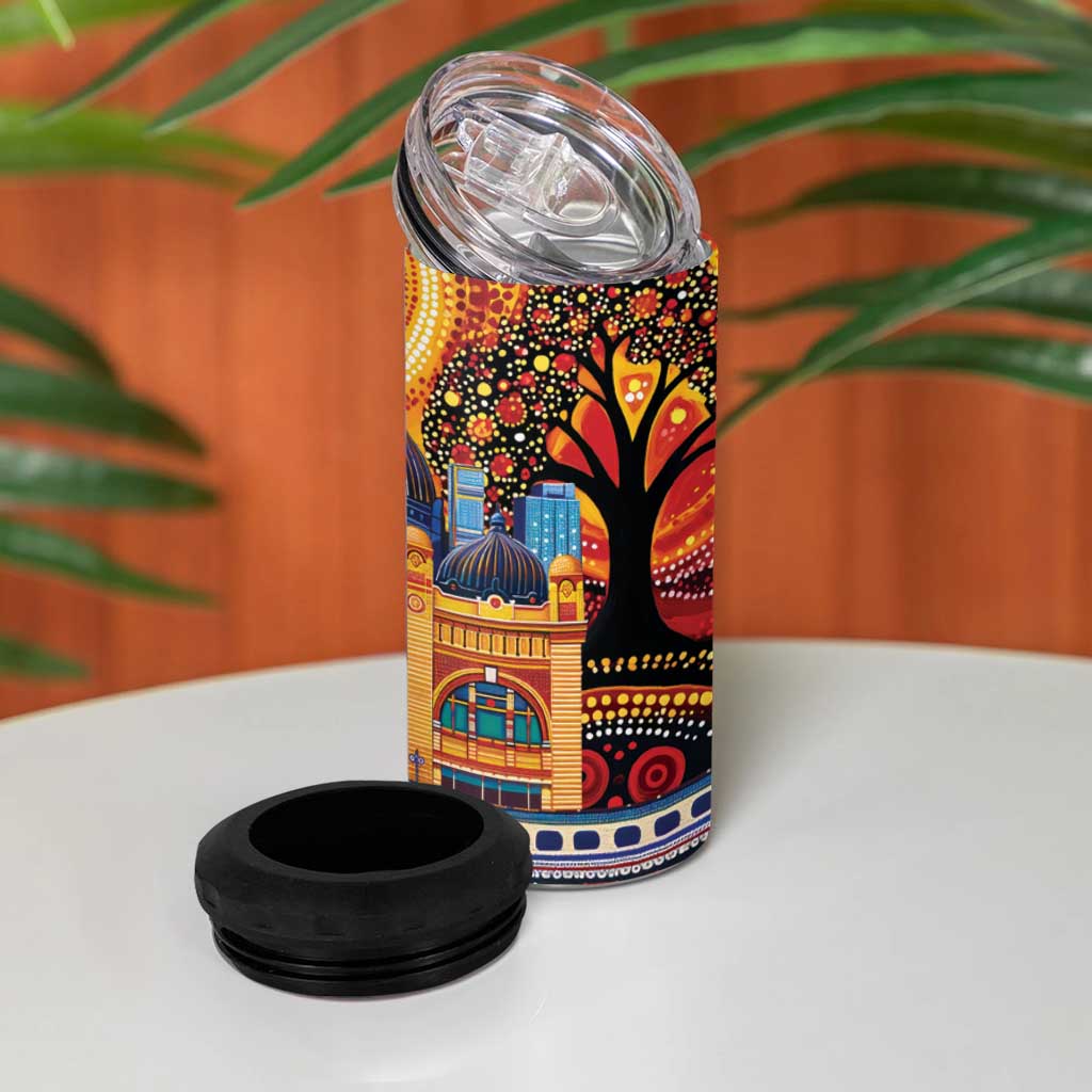 Australian Flinders Street Railway Station 4 in 1 Can Cooler Tumbler Aboriginal Dot Painting