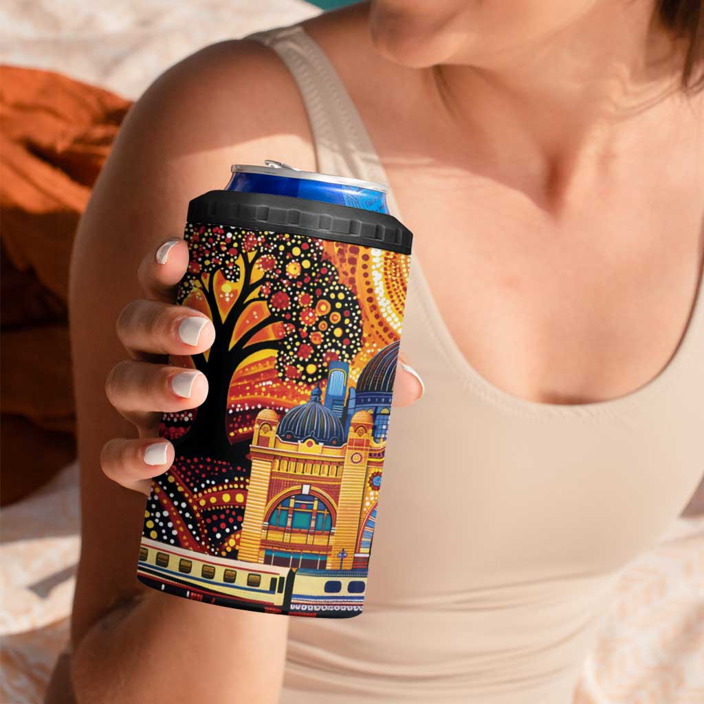 Australian Flinders Street Railway Station 4 in 1 Can Cooler Tumbler Aboriginal Dot Painting