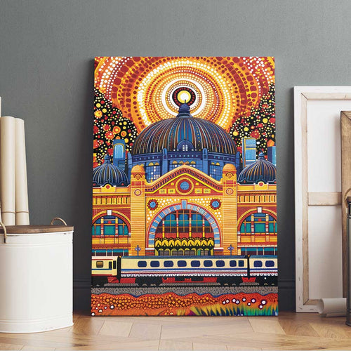 Australian Flinders Street Railway Station Canvas Wall Art Aboriginal Dot Painting