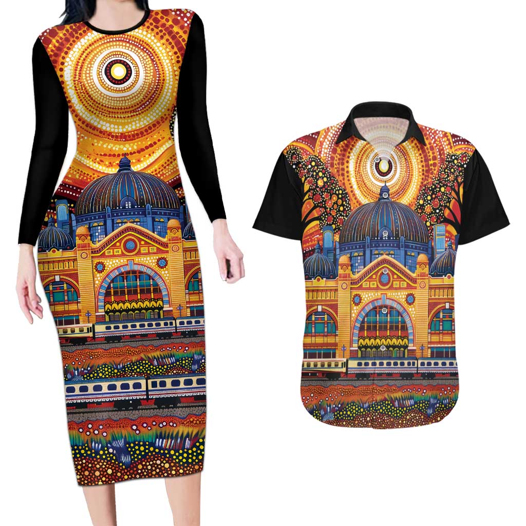 Australian Flinders Street Railway Station Couples Matching Long Sleeve Bodycon Dress and Hawaiian Shirt Aboriginal Dot Painting