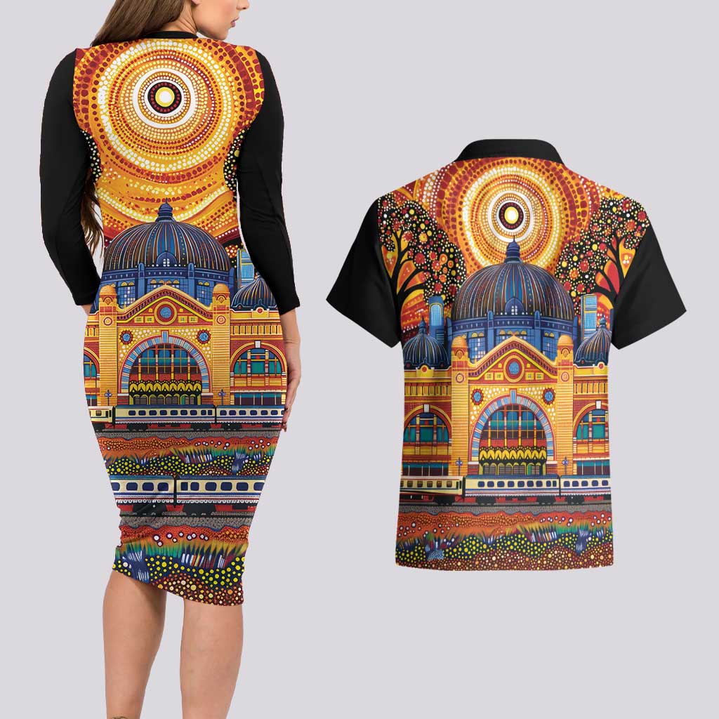 Australian Flinders Street Railway Station Couples Matching Long Sleeve Bodycon Dress and Hawaiian Shirt Aboriginal Dot Painting