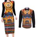 Australian Flinders Street Railway Station Couples Matching Long Sleeve Bodycon Dress and Long Sleeve Button Shirt Aboriginal Dot Painting