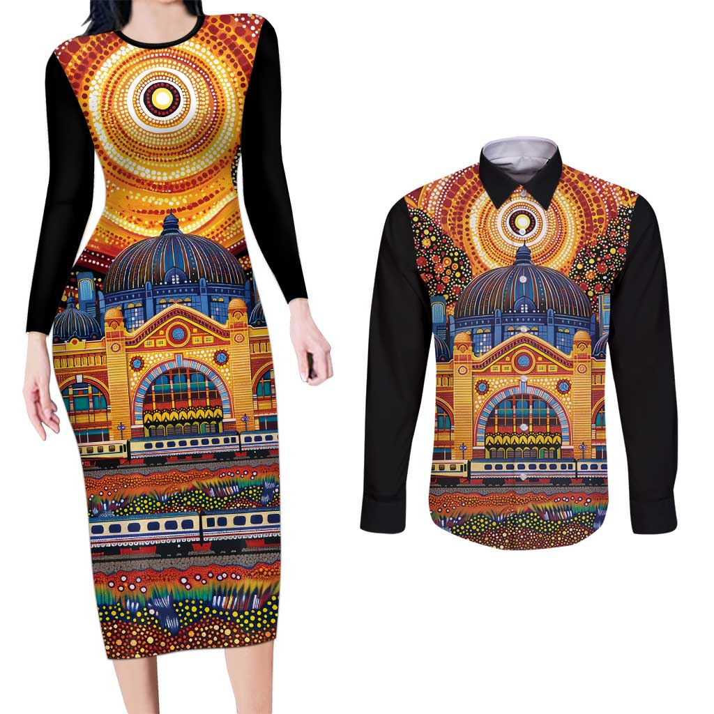 Australian Flinders Street Railway Station Couples Matching Long Sleeve Bodycon Dress and Long Sleeve Button Shirt Aboriginal Dot Painting