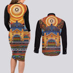 Australian Flinders Street Railway Station Couples Matching Long Sleeve Bodycon Dress and Long Sleeve Button Shirt Aboriginal Dot Painting