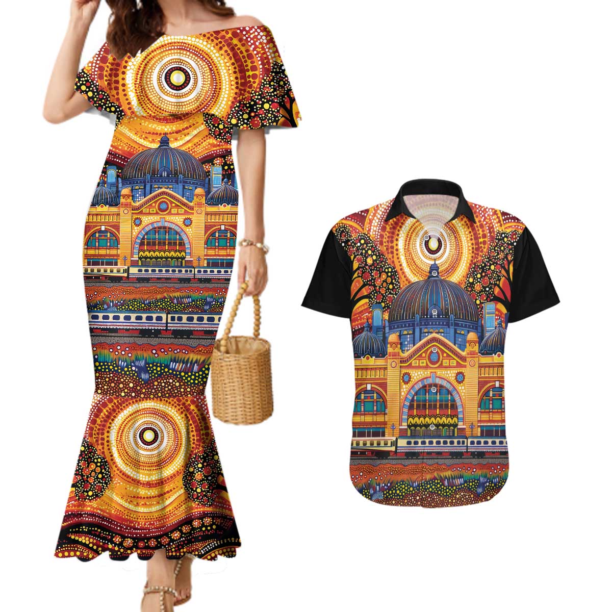 Australian Flinders Street Railway Station Couples Matching Mermaid Dress and Hawaiian Shirt Aboriginal Dot Painting