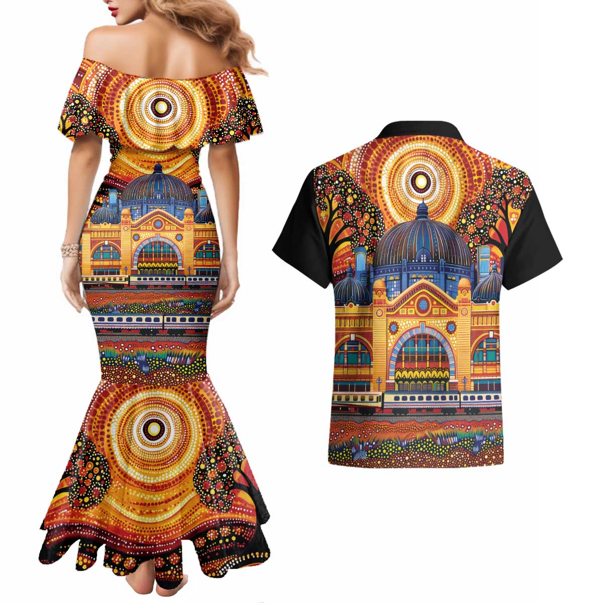 Australian Flinders Street Railway Station Couples Matching Mermaid Dress and Hawaiian Shirt Aboriginal Dot Painting