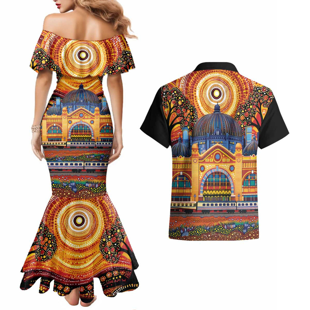Australian Flinders Street Railway Station Couples Matching Mermaid Dress and Hawaiian Shirt Aboriginal Dot Painting