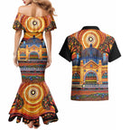 Australian Flinders Street Railway Station Couples Matching Mermaid Dress and Hawaiian Shirt Aboriginal Dot Painting