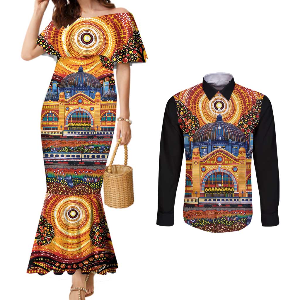 Australian Flinders Street Railway Station Couples Matching Mermaid Dress and Long Sleeve Button Shirt Aboriginal Dot Painting