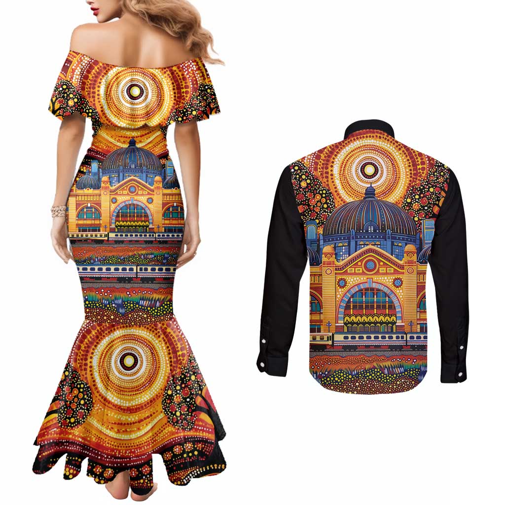 Australian Flinders Street Railway Station Couples Matching Mermaid Dress and Long Sleeve Button Shirt Aboriginal Dot Painting
