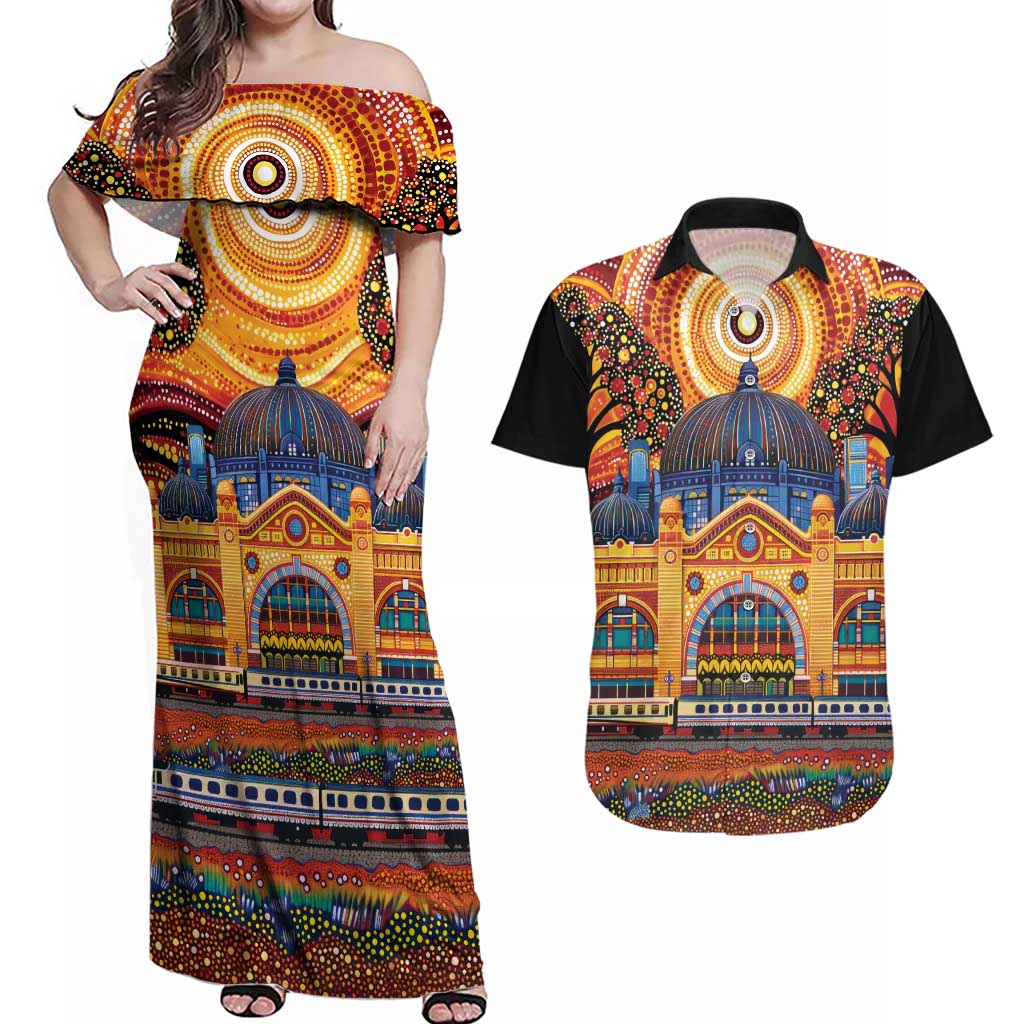 Australian Flinders Street Railway Station Couples Matching Off Shoulder Maxi Dress and Hawaiian Shirt Aboriginal Dot Painting