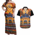 Australian Flinders Street Railway Station Couples Matching Off Shoulder Maxi Dress and Hawaiian Shirt Aboriginal Dot Painting