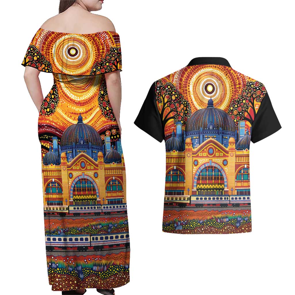 Australian Flinders Street Railway Station Couples Matching Off Shoulder Maxi Dress and Hawaiian Shirt Aboriginal Dot Painting