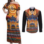Australian Flinders Street Railway Station Couples Matching Off Shoulder Maxi Dress and Long Sleeve Button Shirt Aboriginal Dot Painting