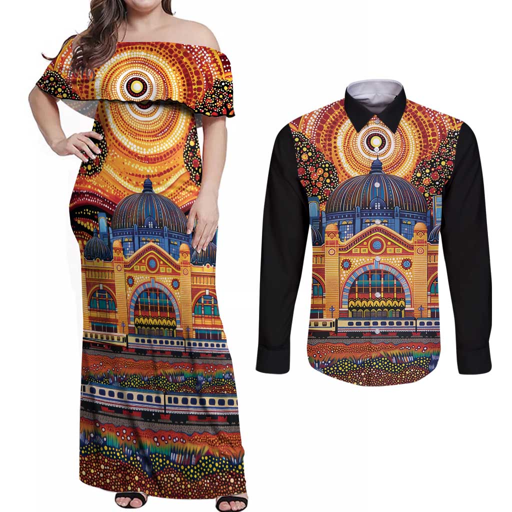 Australian Flinders Street Railway Station Couples Matching Off Shoulder Maxi Dress and Long Sleeve Button Shirt Aboriginal Dot Painting
