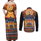 Australian Flinders Street Railway Station Couples Matching Off Shoulder Maxi Dress and Long Sleeve Button Shirt Aboriginal Dot Painting