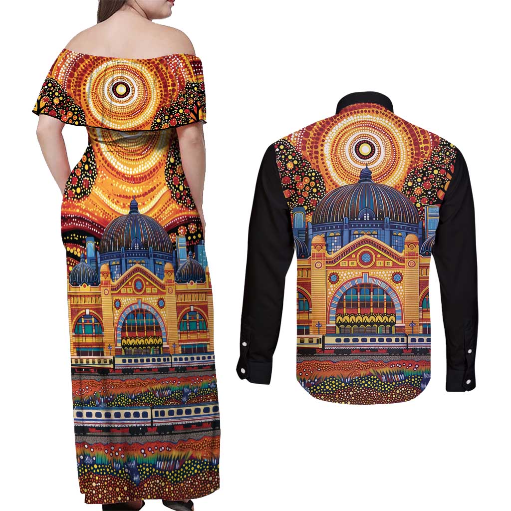 Australian Flinders Street Railway Station Couples Matching Off Shoulder Maxi Dress and Long Sleeve Button Shirt Aboriginal Dot Painting