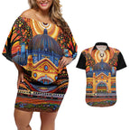 Australian Flinders Street Railway Station Couples Matching Off Shoulder Short Dress and Hawaiian Shirt Aboriginal Dot Painting