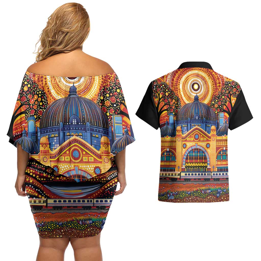 Australian Flinders Street Railway Station Couples Matching Off Shoulder Short Dress and Hawaiian Shirt Aboriginal Dot Painting