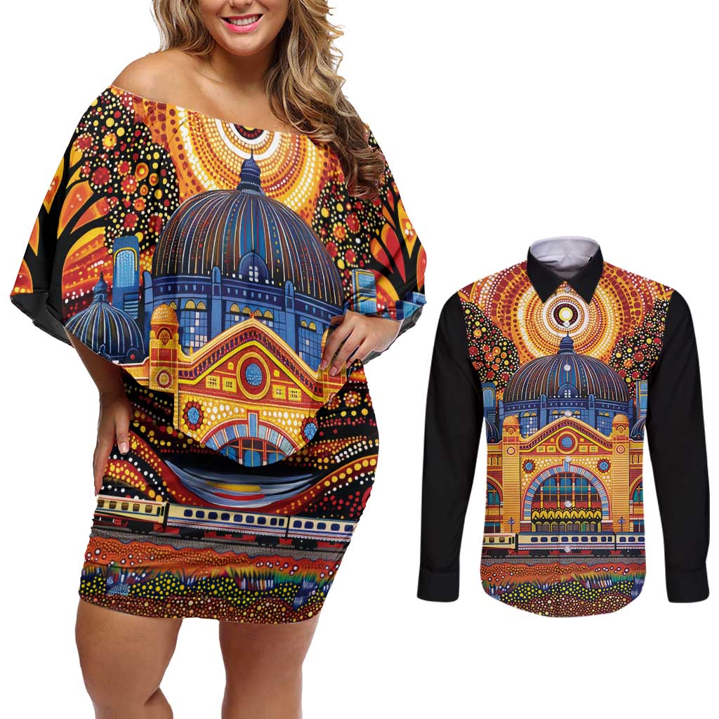Australian Flinders Street Railway Station Couples Matching Off Shoulder Short Dress and Long Sleeve Button Shirt Aboriginal Dot Painting