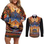 Australian Flinders Street Railway Station Couples Matching Off Shoulder Short Dress and Long Sleeve Button Shirt Aboriginal Dot Painting