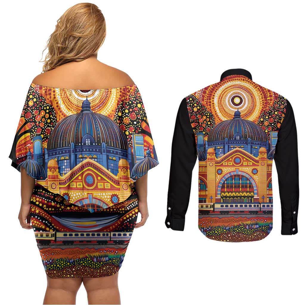 Australian Flinders Street Railway Station Couples Matching Off Shoulder Short Dress and Long Sleeve Button Shirt Aboriginal Dot Painting