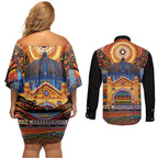 Australian Flinders Street Railway Station Couples Matching Off Shoulder Short Dress and Long Sleeve Button Shirt Aboriginal Dot Painting