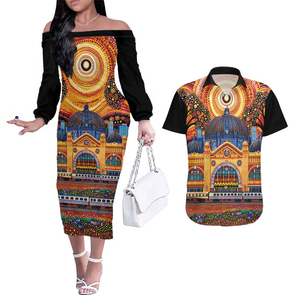 Australian Flinders Street Railway Station Couples Matching Off The Shoulder Long Sleeve Dress and Hawaiian Shirt Aboriginal Dot Painting