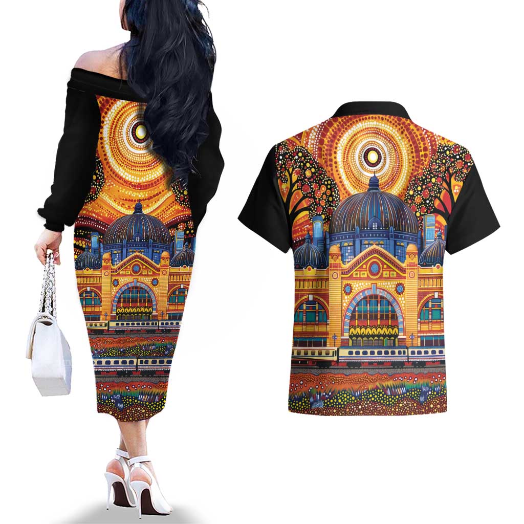 Australian Flinders Street Railway Station Couples Matching Off The Shoulder Long Sleeve Dress and Hawaiian Shirt Aboriginal Dot Painting