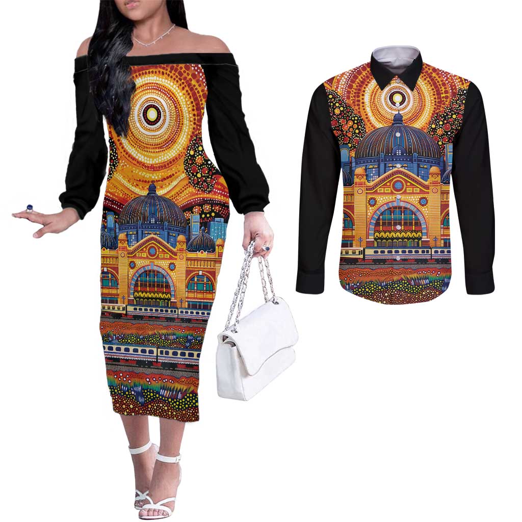 Australian Flinders Street Railway Station Couples Matching Off The Shoulder Long Sleeve Dress and Long Sleeve Button Shirt Aboriginal Dot Painting