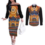 Australian Flinders Street Railway Station Couples Matching Off The Shoulder Long Sleeve Dress and Long Sleeve Button Shirt Aboriginal Dot Painting