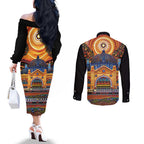 Australian Flinders Street Railway Station Couples Matching Off The Shoulder Long Sleeve Dress and Long Sleeve Button Shirt Aboriginal Dot Painting