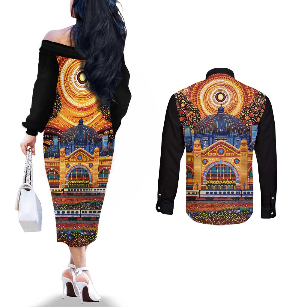 Australian Flinders Street Railway Station Couples Matching Off The Shoulder Long Sleeve Dress and Long Sleeve Button Shirt Aboriginal Dot Painting
