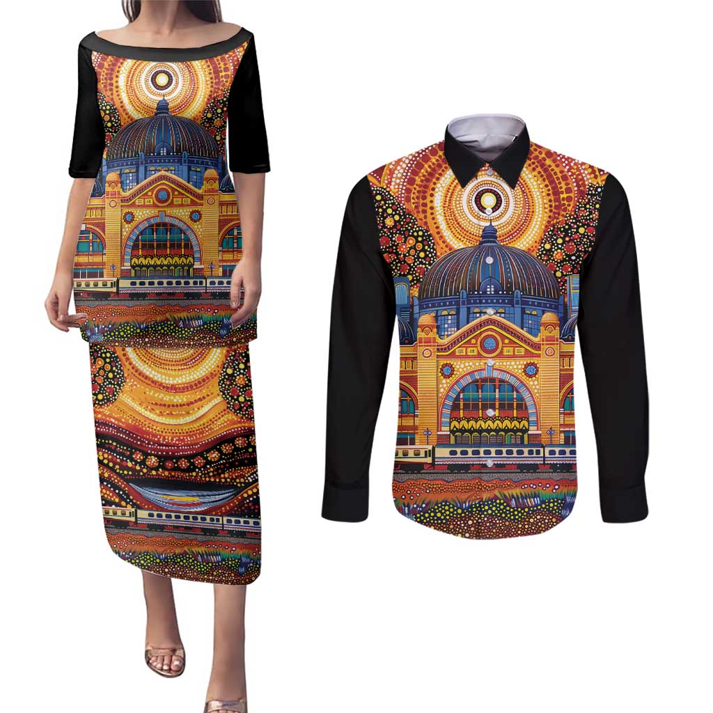 Australian Flinders Street Railway Station Couples Matching Puletasi and Long Sleeve Button Shirt Aboriginal Dot Painting