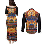 Australian Flinders Street Railway Station Couples Matching Puletasi and Long Sleeve Button Shirt Aboriginal Dot Painting