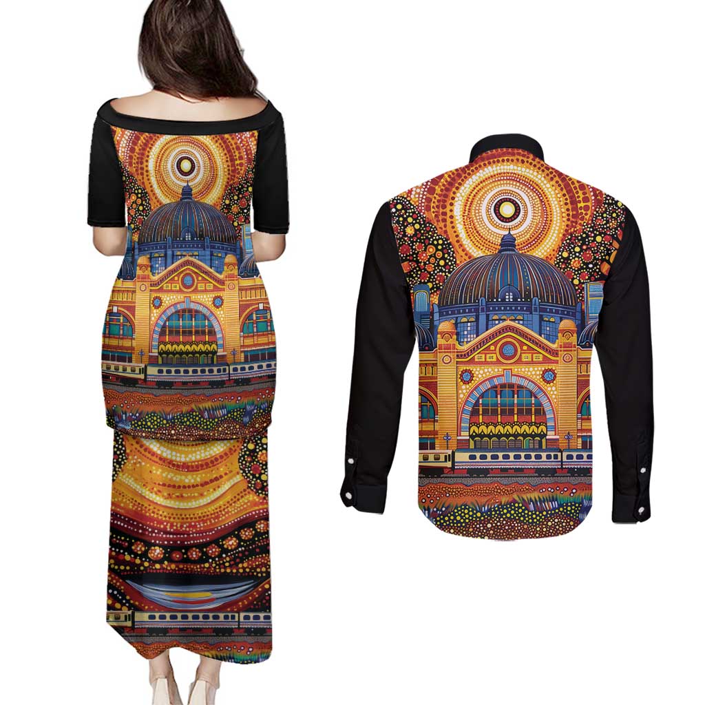 Australian Flinders Street Railway Station Couples Matching Puletasi and Long Sleeve Button Shirt Aboriginal Dot Painting