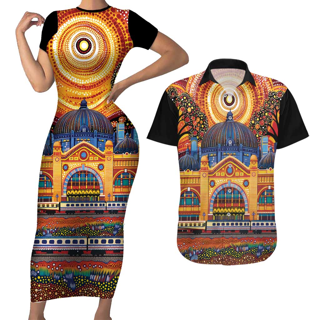 Australian Flinders Street Railway Station Couples Matching Short Sleeve Bodycon Dress and Hawaiian Shirt Aboriginal Dot Painting