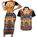 Australian Flinders Street Railway Station Couples Matching Short Sleeve Bodycon Dress and Hawaiian Shirt Aboriginal Dot Painting