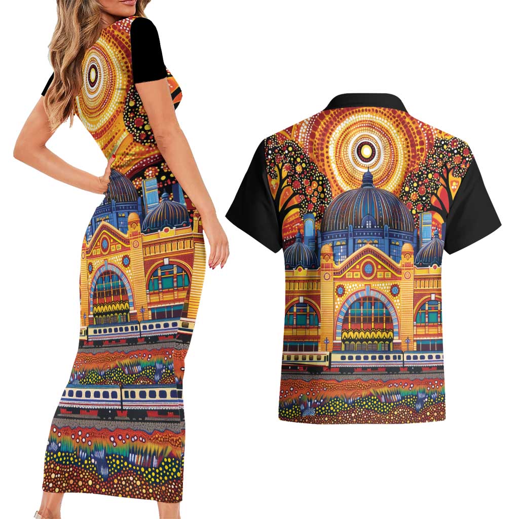 Australian Flinders Street Railway Station Couples Matching Short Sleeve Bodycon Dress and Hawaiian Shirt Aboriginal Dot Painting