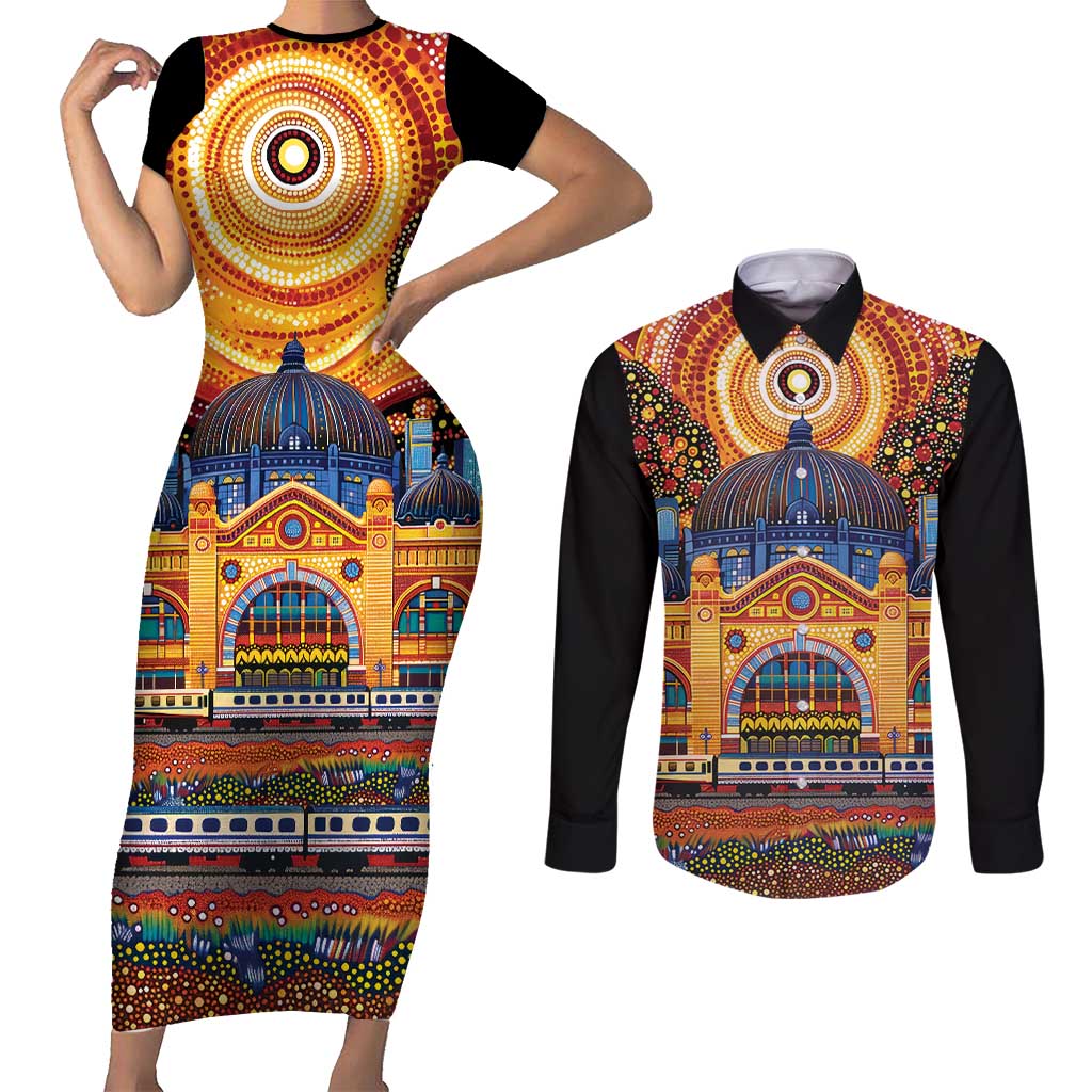 Australian Flinders Street Railway Station Couples Matching Short Sleeve Bodycon Dress and Long Sleeve Button Shirt Aboriginal Dot Painting