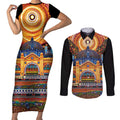 Australian Flinders Street Railway Station Couples Matching Short Sleeve Bodycon Dress and Long Sleeve Button Shirt Aboriginal Dot Painting