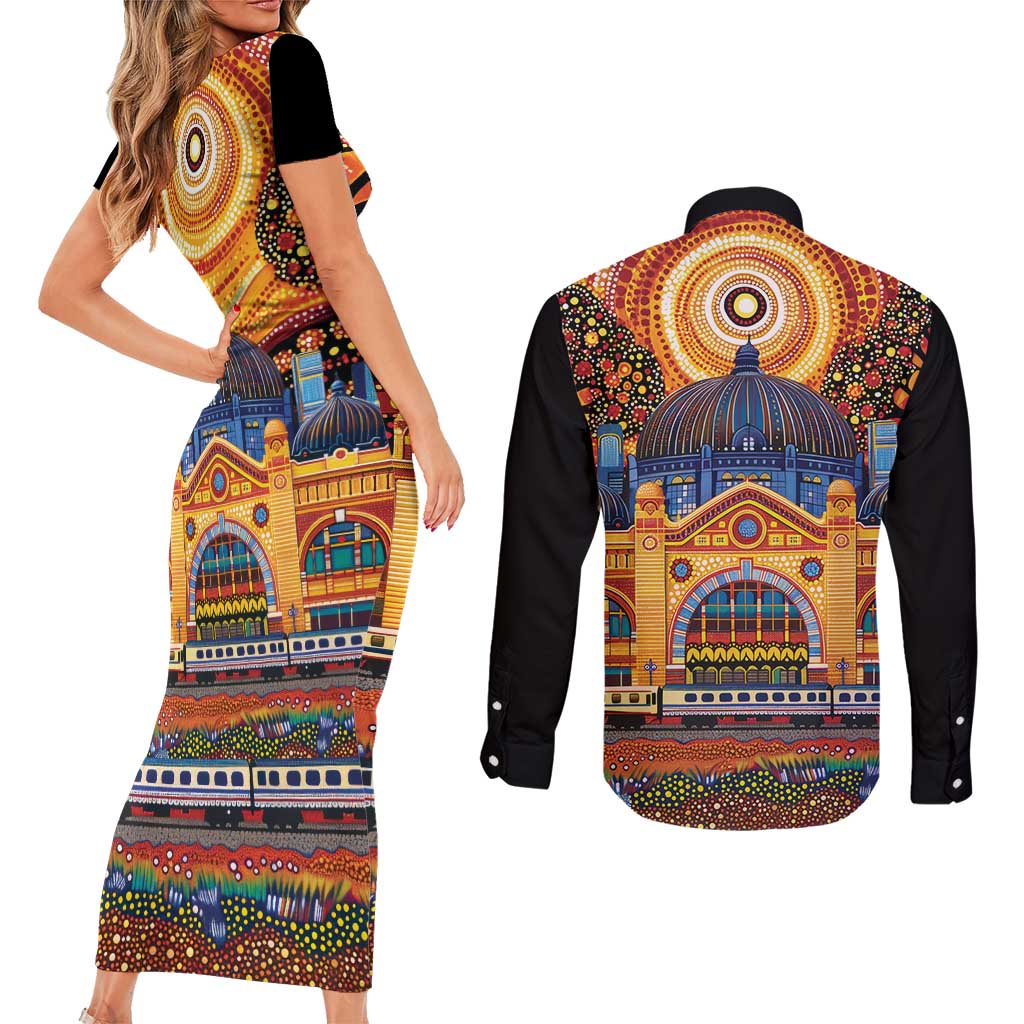 Australian Flinders Street Railway Station Couples Matching Short Sleeve Bodycon Dress and Long Sleeve Button Shirt Aboriginal Dot Painting